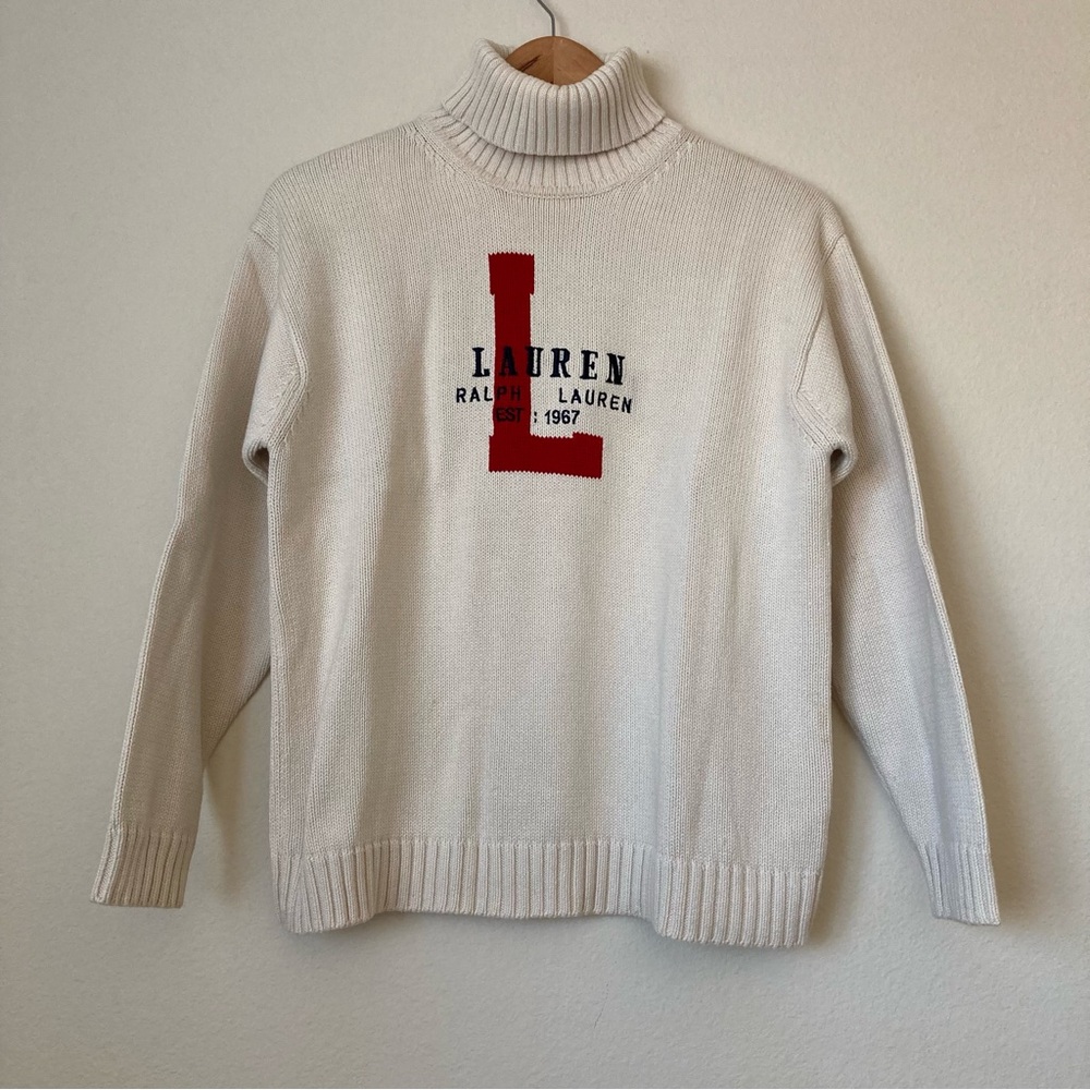 Vintage Lauren Ralph Lauren Women's Cream Turtleneck Sweater with Red Logo